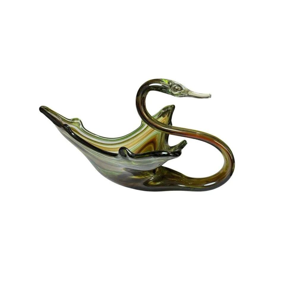 Vintage MCM Hand Blown Sooner Glass Swan Centerpiece Brown Green Swirl